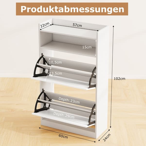 Smal skoskåp med 2 fällbara fack, vitt trä
