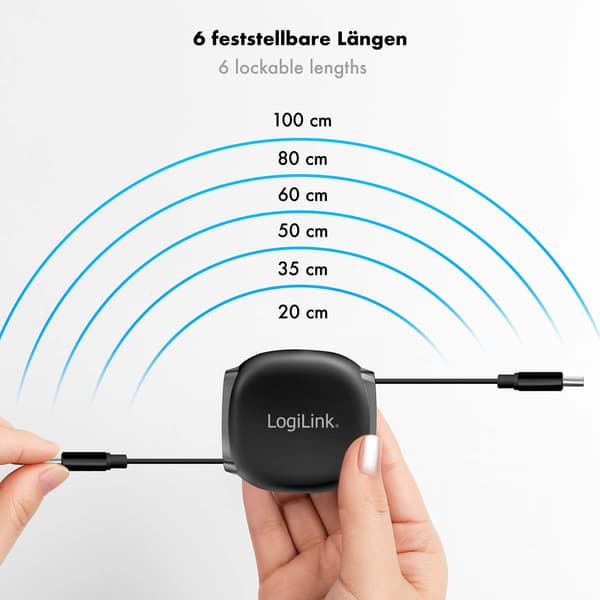 LogiLink udtrækkeligt USB-C-kabel 1 m, 60W hurtigopladning, sort