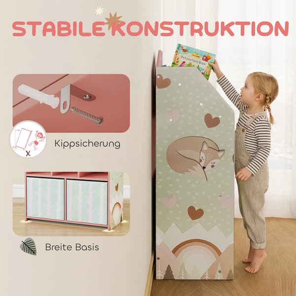 Børnebogreol med 2 stofskuffer, lyserød, 91,5 cm