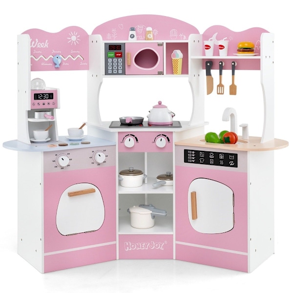 Hörnlekök i trä med ljud &amp; Ljus &amp; Kaffemaskin &amp; Slide Toddler Kitchen Lekset Rosa