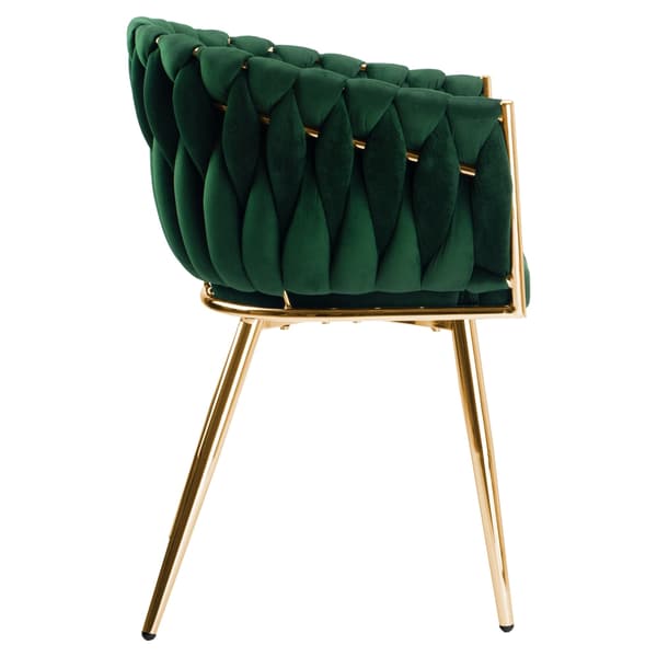 Matstol i sammet, guldfärgade ben, mörkgrön, flätad design