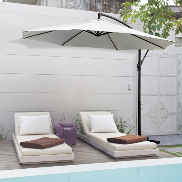 Parasol Cantilever Parasol Med Håndsving, Stålramme & Polyester Stof, Creme, Ø3X2,5M