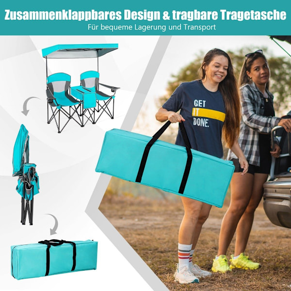 2-personers campingstol med solafskærmning Minibord foldefiskestol med bæretaske 166 x 71 x 151 cm Navy