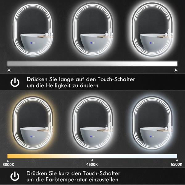 Led Badrumsspegel Med Belysning 70X50Cm Touch-Omkopplare, 3 Ljusfärger, Anti-Dim, Minne, Ip44, Horisontell/Vertikal