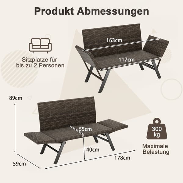 Utomhussoffa i polyrattan med justerbara armstöd och solstol