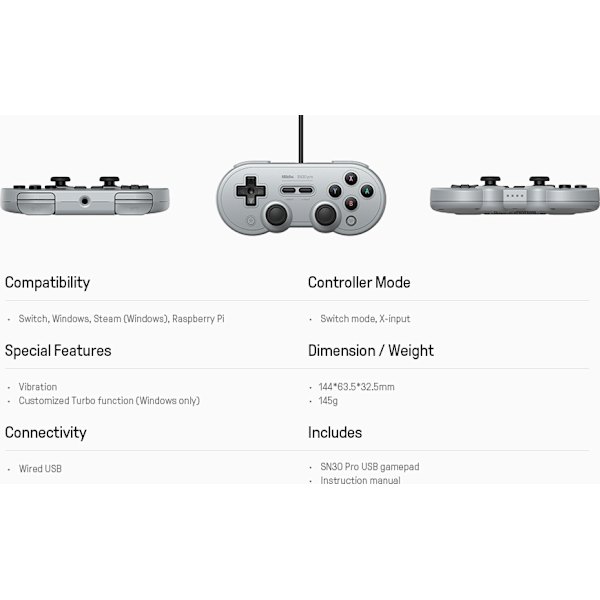 8BitDo SN30 Pro USB - spilcontroller, grå, Switch / PC