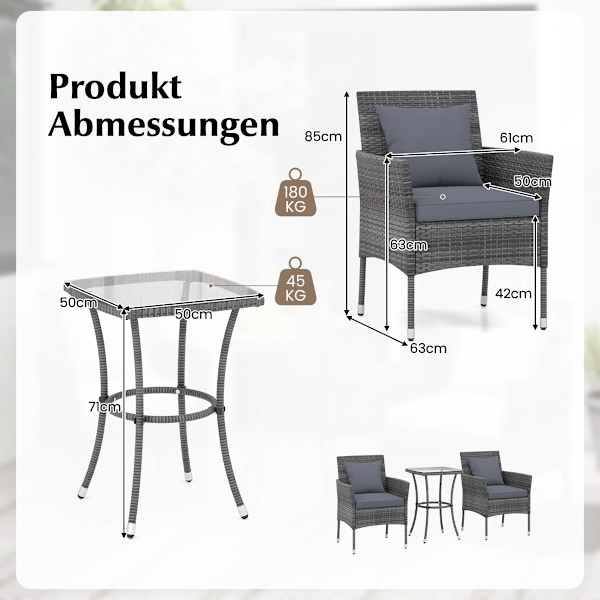 3-delt havemøbelsæt i polyrattan med glasbord og hynder. Møbelsiddegruppe i rattan. Havesæt i rattan, grå.