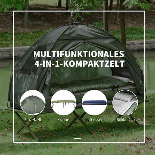 Tältsäng 4 I 1 Campingset Med Tält Sovsäck Madrass Hopfällbar, Mörkgrön