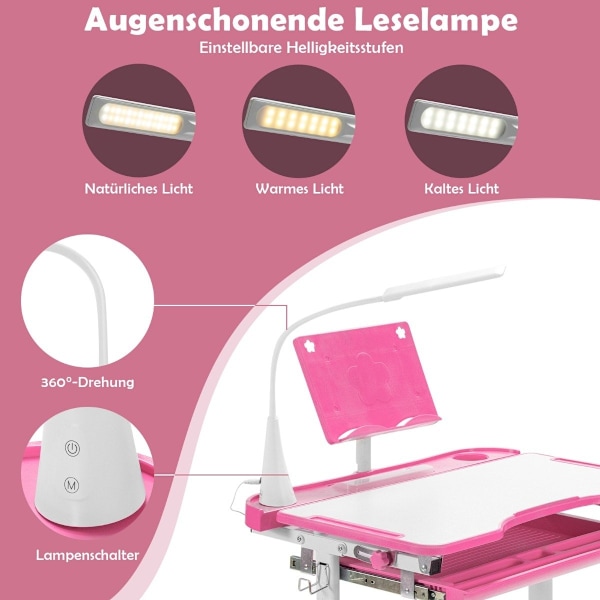 Lasten pöytä lasten pöytäsetti kirjatelineellä ja LED-valolla pojille ja tytöille pinkki