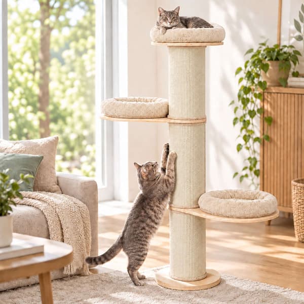 Kradsetræ til katte med 3 polstrede platforme, 187 cm – Beige, Sisalstolpe