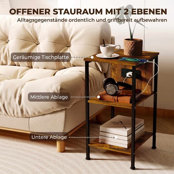 Sidebord med ladestation, rustik brun finish