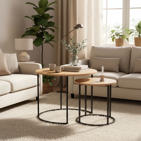 Runda soffbord, set om 2, ljus ek, metallram