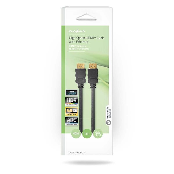 High Speed ​​HDMI ™ kabel med Ethernet | HDMI™ Stik | HDMI™ Stik | 4K@60Hz | ARC | 18 Gbps | 1.50 m | Runde | PVC | Sort | Box