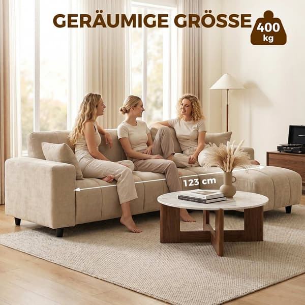 L-formad beige soffa med vändbar schäslong, 4-sits
