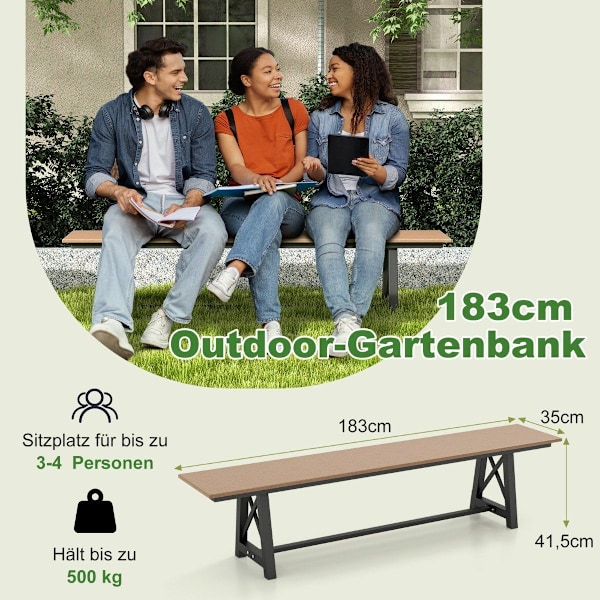 Havebænk vejrbestandig 3-personers bænk kan holde op til 500 kg 183 x 35 x 41,5 cm brun