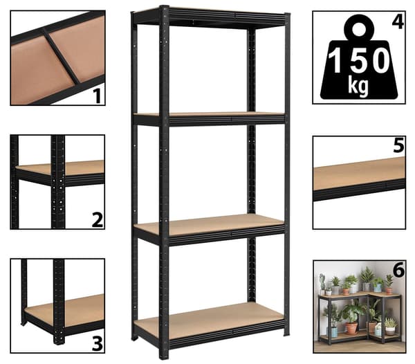 Lagerhylde 4 niveauer 174x80x40 cm 150 kg sort
