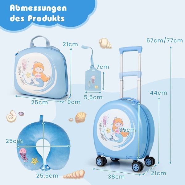 4-osainen lasten matkalaukku + reppu 10"+14" lasten vaunu pyörät siniset
