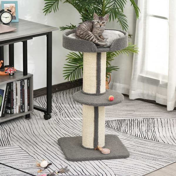 Kradsestolpe til katte, bæreevne 30 kg, kradsestolpe med platform, stald, sisal, grå