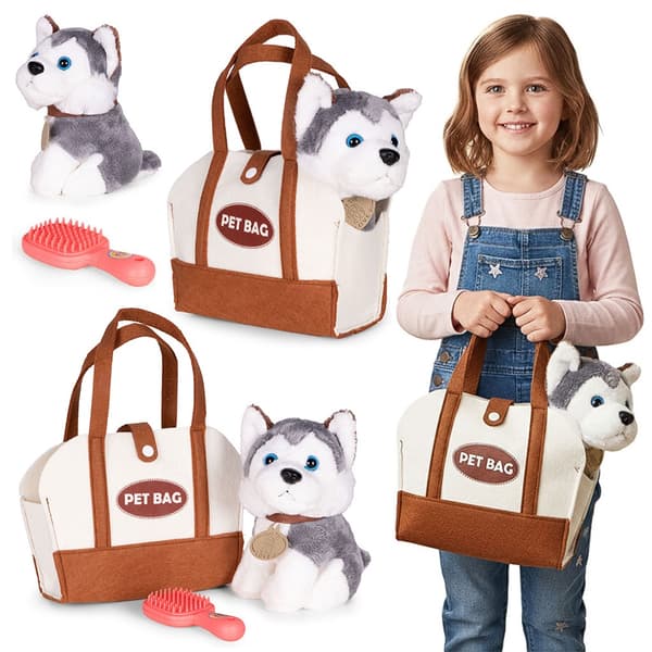Pehmolelu Husky laukulla ja harjalla lapsille 3+