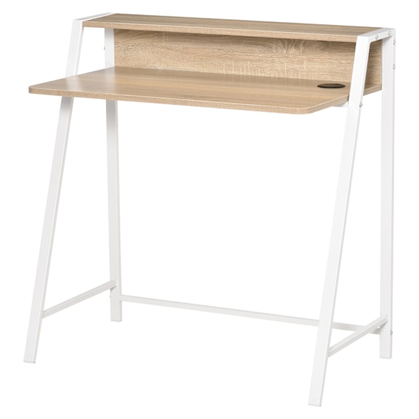 Skrivbord Modernt datorbord med förvaringsfack & kabelgenomgång, metallram, vit + ek, 84x45x85cm