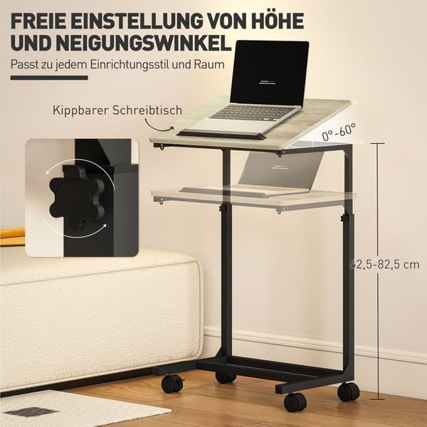 Justerbart sidebord med hjul, metalstel, vipbart