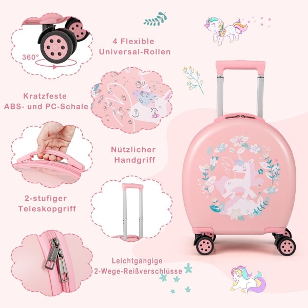 4-osainen lasten matkalaukku + reppu 10"+14" lasten vaunu renkailla pinkki