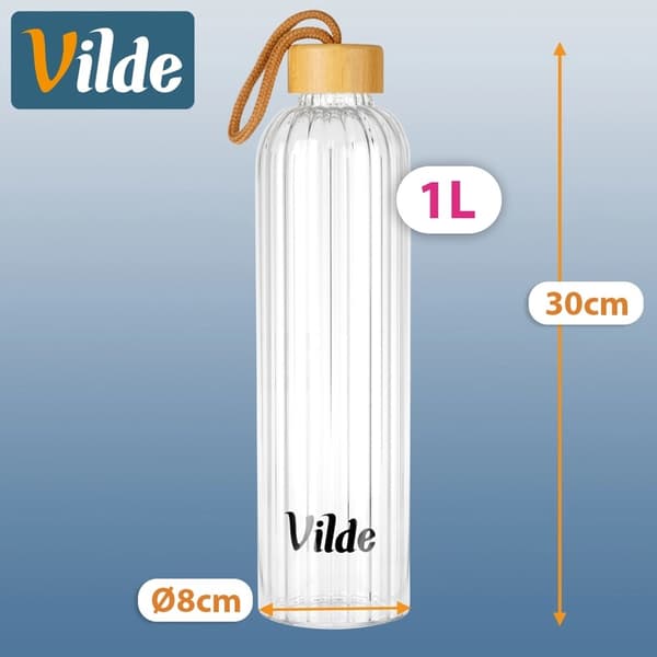 Glasvattenflaska, 1L borosilikat med bambulock
