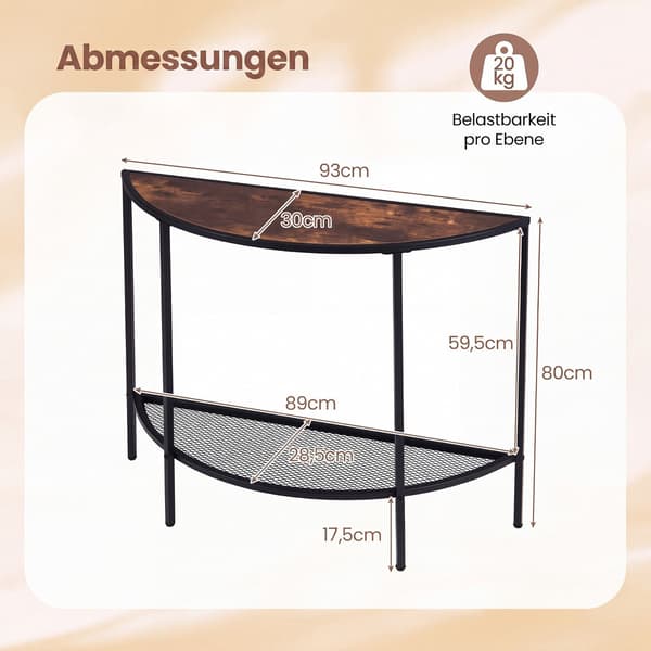 Half Moon-konsolbord, förvaring i 2 nivåer, rustik brun