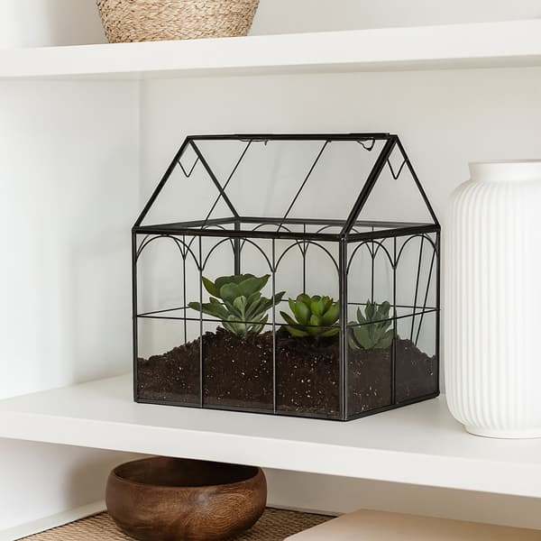 Glashusformat terrarium för krukväxter