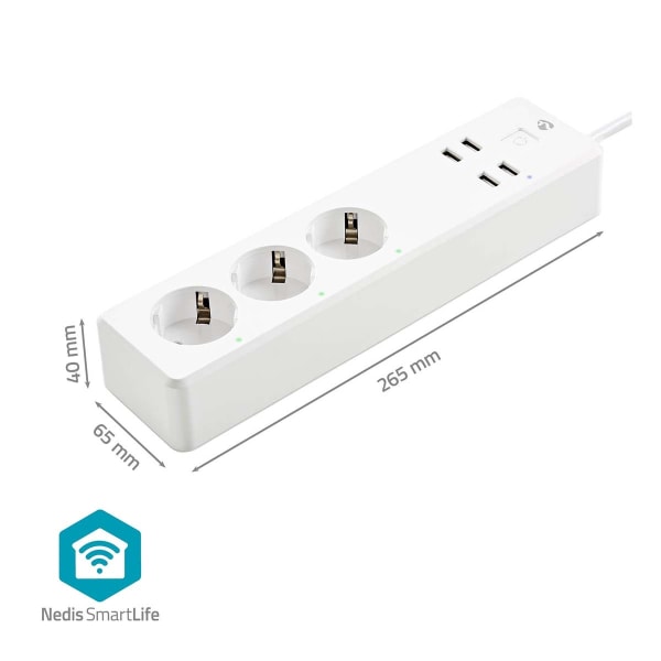 SmartLife Stikdåse | Wi-Fi | 3 x EU stik (CEE 7/3) / 4 x USB | 16 A | 3680 W | 1.80 m | -10 - 40 °C | Android™ / IOS | Hvid