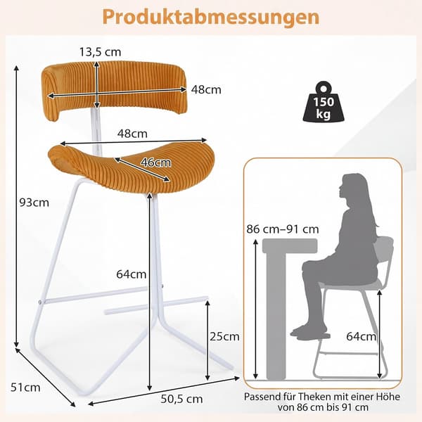 Orange fløjlsbarstole, 65 cm sæde, sæt med 2