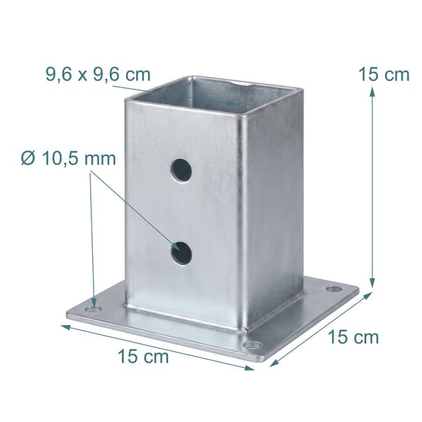 Stolpstöd i galvaniserat stål, 4-pack – silver, 90x150 mm
