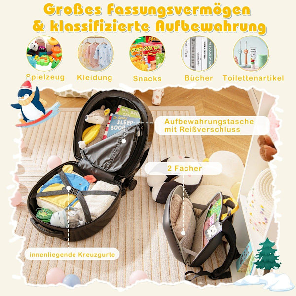 4-delad barnresväska + ryggsäck 10"+14" barnvagn med hjul svart