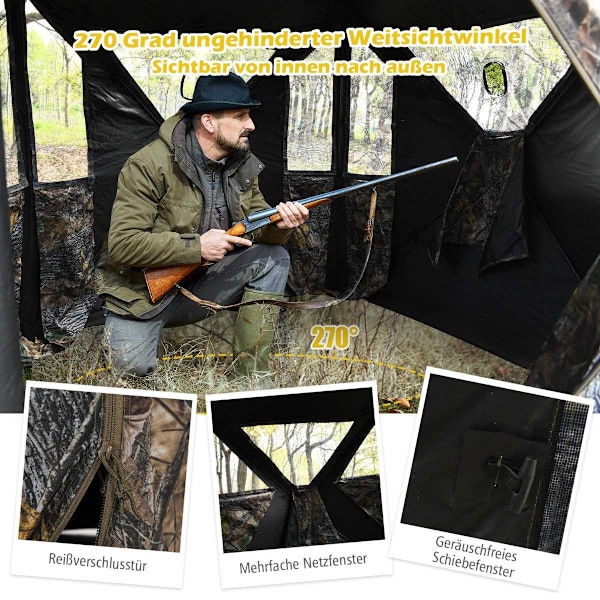Kannettava metsästysteltta maapiikkeillä ja kiinnityshihnoilla ja kantolaukku 3 hengen naamiointiin