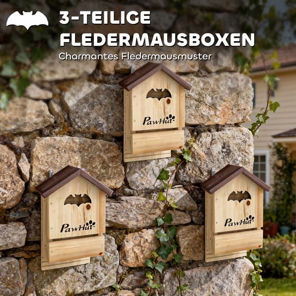 Fladdermushus, set om 3, gran, 21,5 x 11,5 x 34 cm