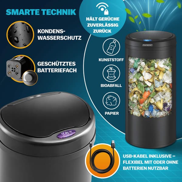 Sensor-affaldsbeholder, sort rustfrit stål, 40L