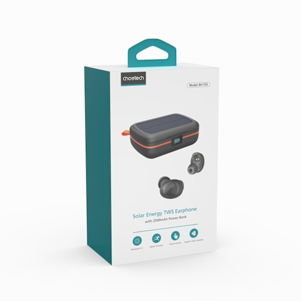 Vandtætte TWS trådløse hovedtelefoner med solcelleoplader og 2500mAh powerbank, sort
