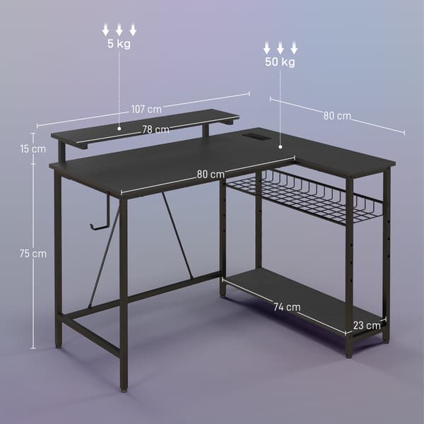 L-formet skrivebord med LED, stikkontakter, USB, vendbar, sort