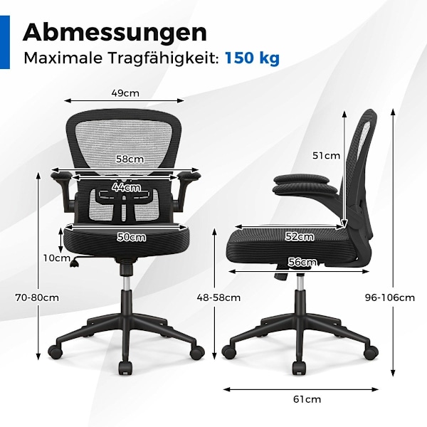 Ergonomisk kontorsstol med uppfällbara armstöd & justerbart svankstöd & vippfunktion