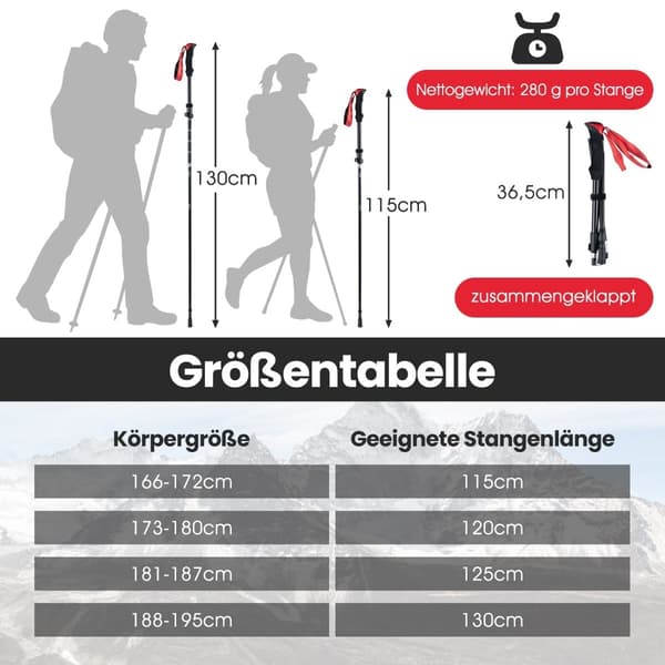Sammenklappelige vandrestave, hurtiglås, 115-130 cm, røde