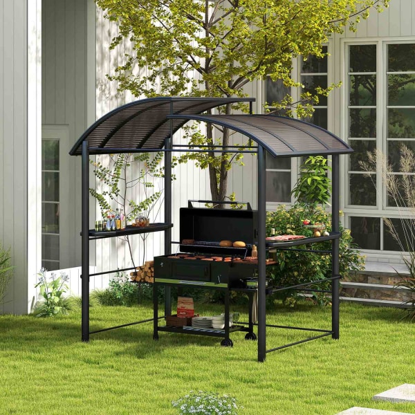 Grill Paviljong Flamskydd Tak Bbq Pavilion 2 Hyllor Uv-Skydd Pergola Trädgård Balkong Stål Pc Mörkgrå 240X150X230Cm