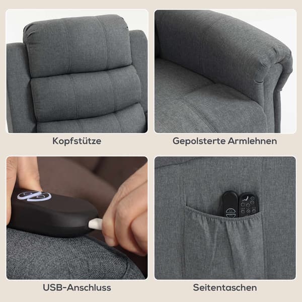 Lyftfåtölj med massagefunktion, värme, linneutseende, grå