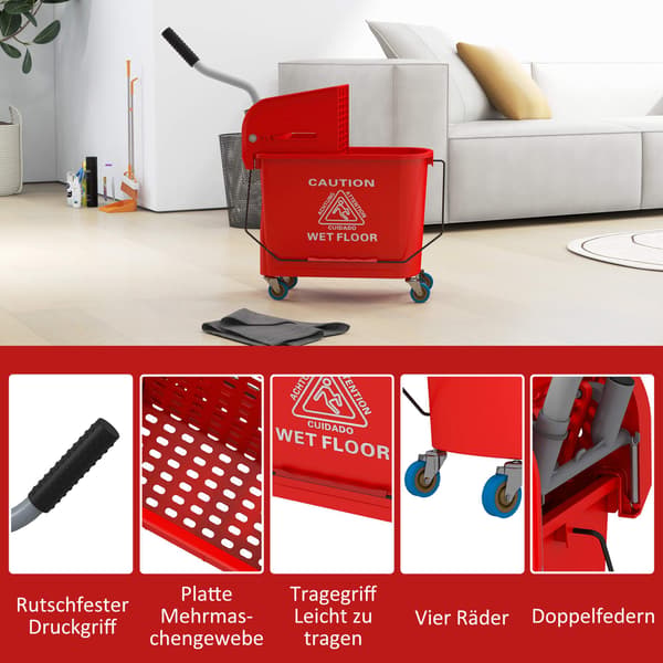20L moppespand med vridemaskine, hjul, rød plastik