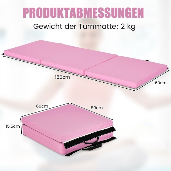 Sammenfoldelig blød gulvmåtte med 2 håndtag skridsikker gymnastikmåtte 180 x 60 x 5 cm pink