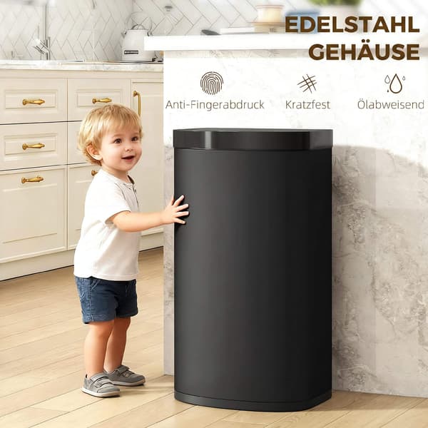 55L Sensor skraldespand, Soft-Close låg, Rustfrit stål, Sort