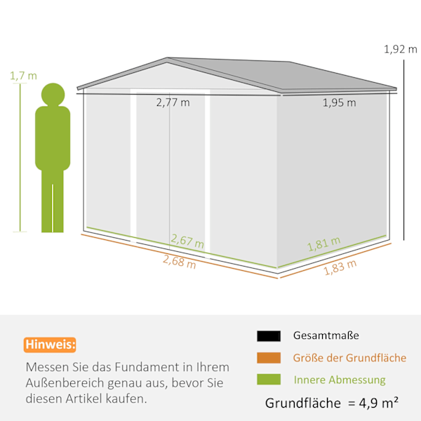 Galvanoitu teräs työkaluvaja 4,9m² 277x195x192cm työkaluvaja harjakatolla, perustus, lukittava liukuovi, säänkestävä puutarhavaja, ulkopuutarhavaja ta