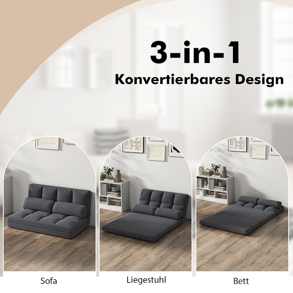 Sammenklappelig gulvsofa 3 i 1 sovesofa med sovefunktion og justerbart ryglæn mørkegrå