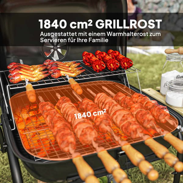 Kolgrill med låsbart lock, stålram, 1840 cm² kokyta