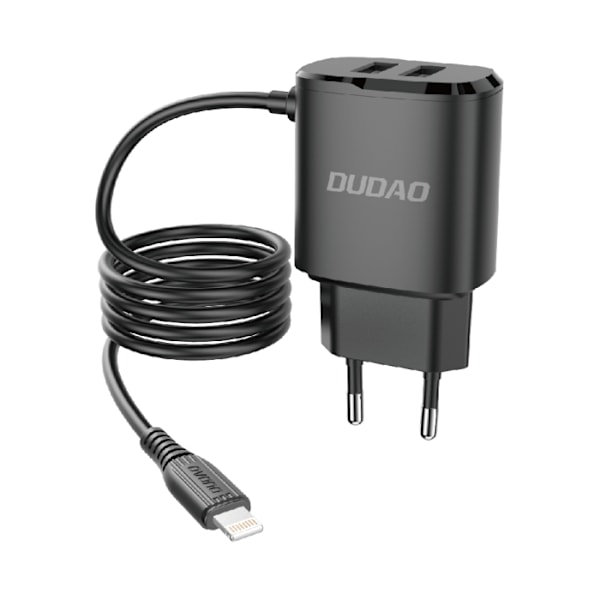 2x USB vægoplader med indbygget kabel til iPhone Lightning 12W sort