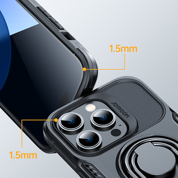 Fodral till iPhone 14 Pro, pansarskal med stativ och ringhållare, svart